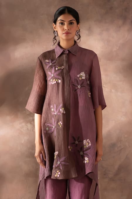 Shop Oja Brown Cotton Sequins Collared Dual Tone Flower Embroidered Tunic With Pant Online at Aza Fashions Shop_Oja_Brown Cotton Sequins Collared Dual Tone Flower Embroidered Tunic With Pant _Online_at_Aza_Fashions