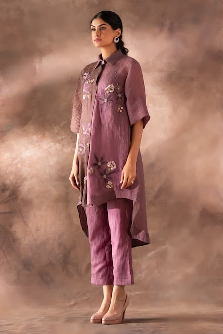 Oja Brown Cotton Sequins Collared Dual Tone Flower Embroidered Tunic With Pant at Aza Fashions Oja_Brown Cotton Sequins Collared Dual Tone Flower Embroidered Tunic With Pant _at_Aza_Fashions