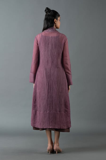 Shop_Oja_Brown Cotton Sequins Collared Embroidered Jacket With Dress _at_Aza_Fashions