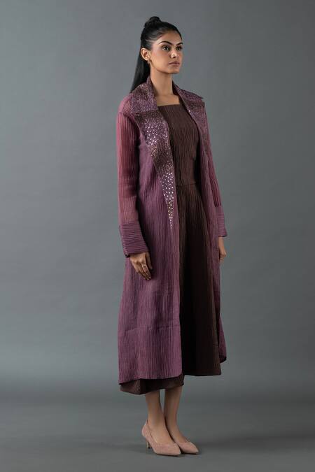 Oja_Brown Cotton Sequins Collared Embroidered Jacket With Dress _Online_at_Aza_Fashions