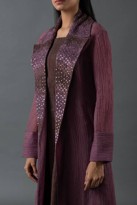 Buy_Oja_Brown Cotton Sequins Collared Embroidered Jacket With Dress _Online_at_Aza_Fashions