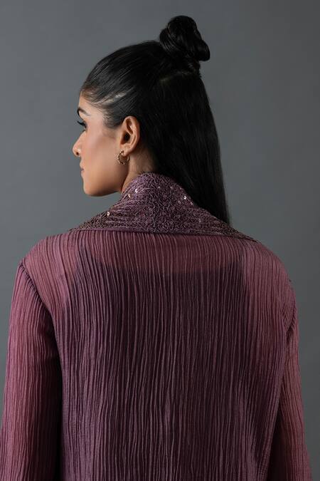 Shop_Oja_Brown Cotton Sequins Collared Embroidered Jacket With Dress _Online_at_Aza_Fashions