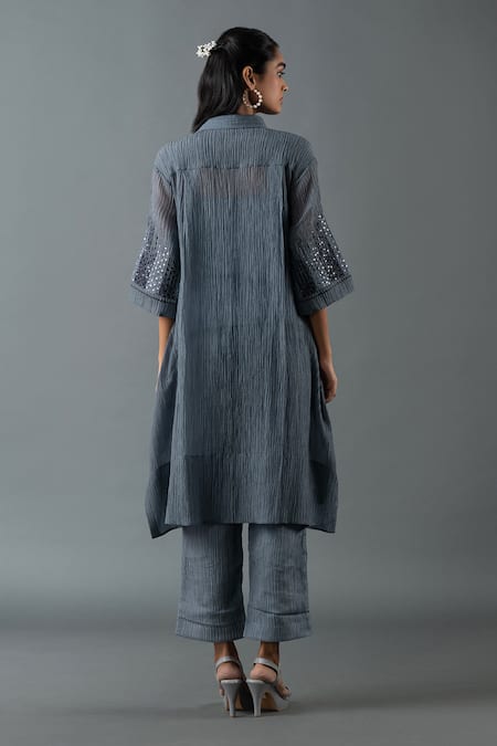 Shop_Oja_Grey Cotton Embroidery, Sequins Collared Placement Tunic And Pant Set _at_Aza_Fashions