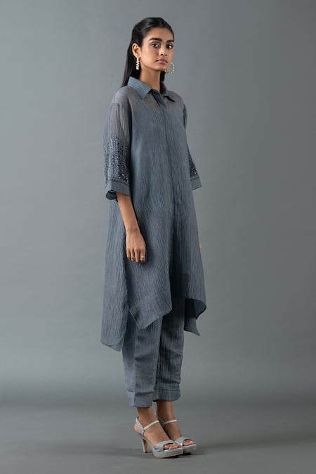 Oja_Grey Cotton Embroidery, Sequins Collared Placement Tunic And Pant Set _Online_at_Aza_Fashions