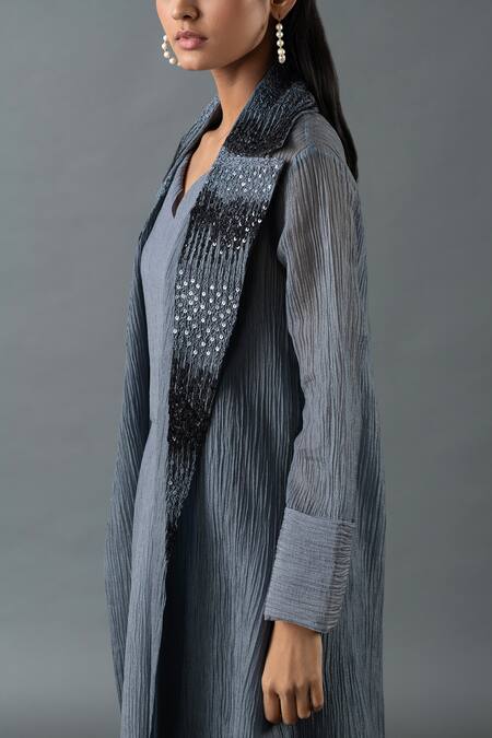 Buy_Oja_Grey Japanese Quash Embroidery Sequins Lapel Collar Placement Jacket With Dress _Online_at_Aza_Fashions