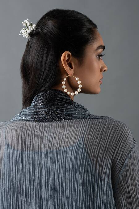 Shop_Oja_Grey Japanese Quash Embroidery Sequins Lapel Collar Placement Jacket With Dress _Online_at_Aza_Fashions