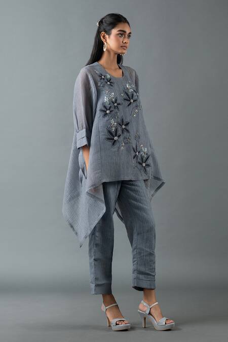 Oja Grey Sequins, Embroidery Round Neck Flower Tunic And Pant Set Online at Aza Fashions Oja_Grey Sequins, Embroidery Round Neck Flower Tunic And Pant Set _Online_at_Aza_Fashions