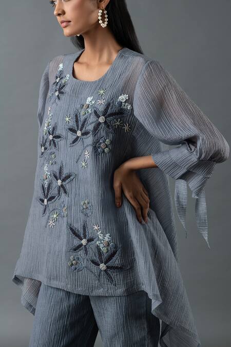 Buy Oja Grey Sequins, Embroidery Round Neck Flower Tunic And Pant Set Online at Aza Fashions Buy_Oja_Grey Sequins, Embroidery Round Neck Flower Tunic And Pant Set _Online_at_Aza_Fashions