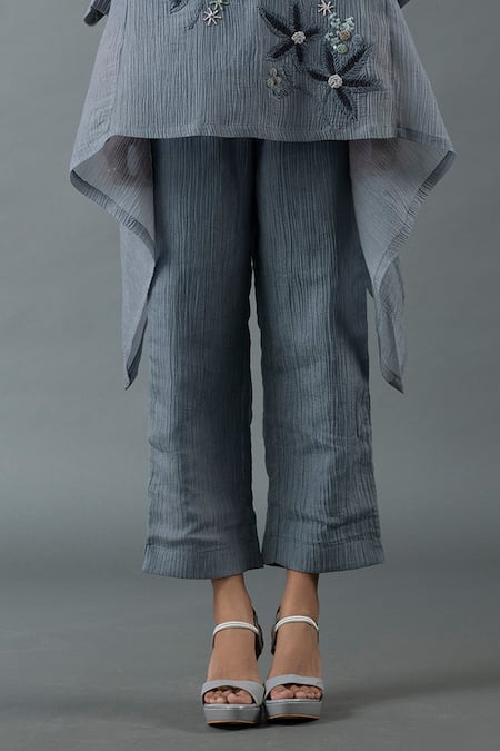 Shop Oja Grey Sequins, Embroidery Round Neck Flower Tunic And Pant Set Online at Aza Fashions Shop_Oja_Grey Sequins, Embroidery Round Neck Flower Tunic And Pant Set _Online_at_Aza_Fashions