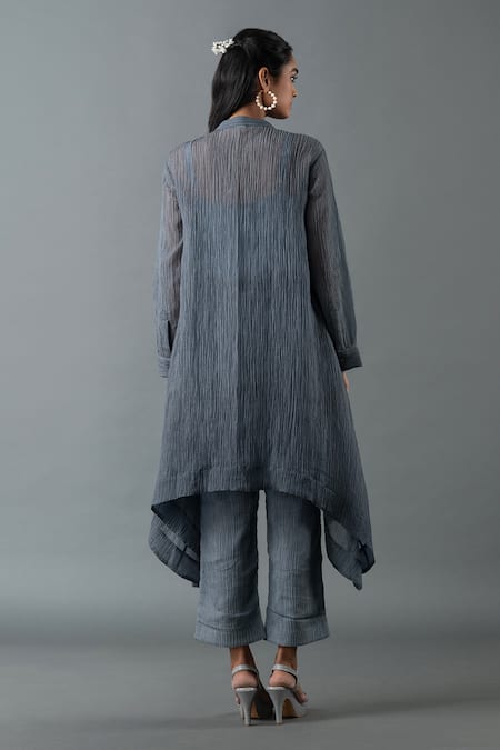 Shop_Oja_Grey Sequins Mandarin Collar Flower Embroidered Kurta And Pant Set _at_Aza_Fashions