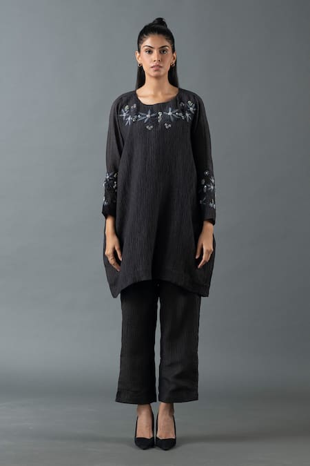 Oja Flower Embroidered Long Top With Pant 