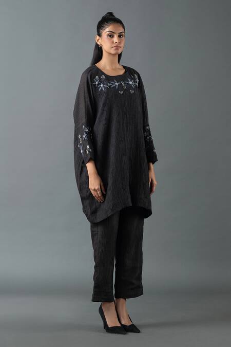 Oja_Black Japanese Quash Embroidery Floral Round Neck Flower Long Top With Pant _Online_at_Aza_Fashions