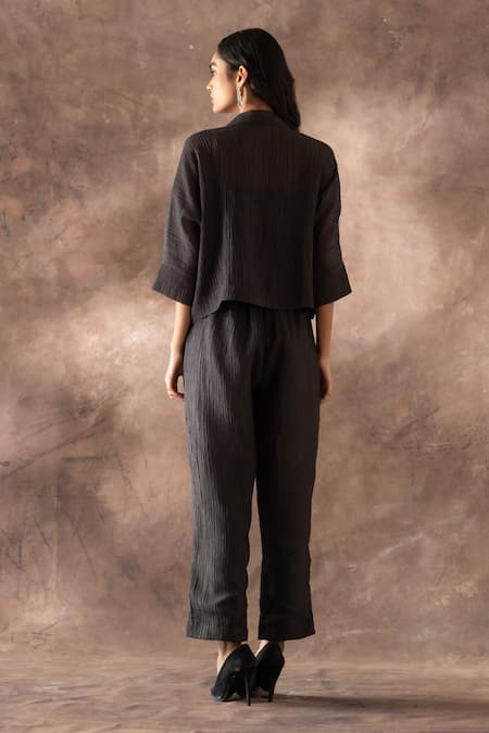 Shop_Oja_Black Cotton Embroidery, Sequins Collared Flower Jacket And Pant Set _at_Aza_Fashions