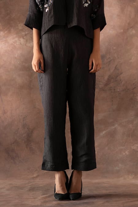 Oja_Black Cotton Embroidery, Sequins Collared Flower Jacket And Pant Set _Online_at_Aza_Fashions