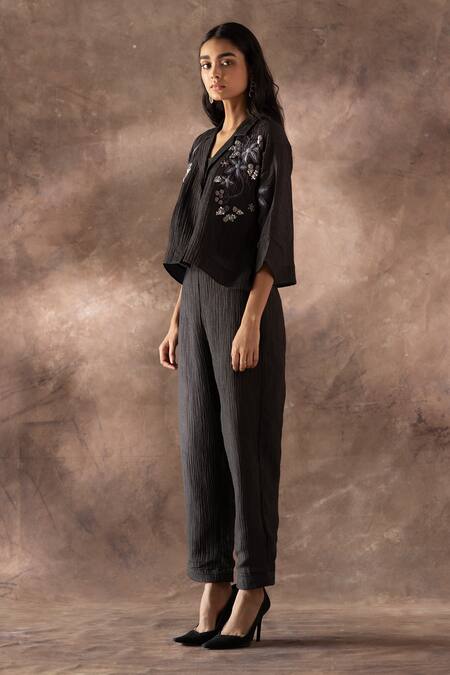 Buy_Oja_Black Cotton Embroidery, Sequins Collared Flower Jacket And Pant Set _Online_at_Aza_Fashions