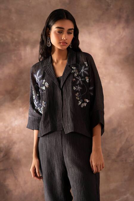 Shop_Oja_Black Cotton Embroidery, Sequins Collared Flower Jacket And Pant Set _Online_at_Aza_Fashions
