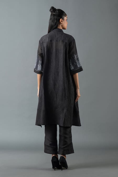 Shop_Oja_Black Cotton Sequins Collared Placement Embroidered A-line Tunic With Pant _at_Aza_Fashions