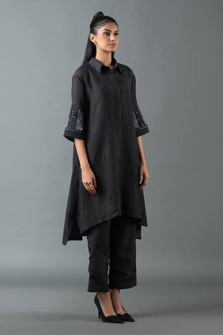 Oja_Black Cotton Sequins Collared Placement Embroidered A-line Tunic With Pant _Online_at_Aza_Fashions