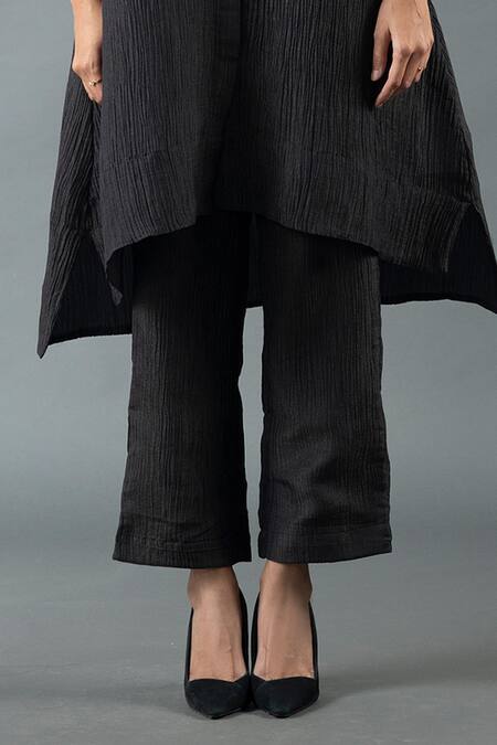 Shop_Oja_Black Cotton Sequins Collared Placement Embroidered A-line Tunic With Pant _Online_at_Aza_Fashions