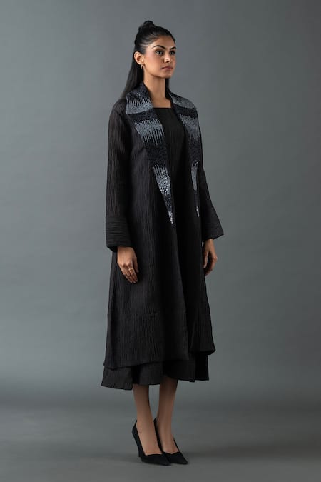 Oja Black Cotton Sequins Collared, Round Placement Embroidered Jacket And Dress Set Online at Aza Fashions Oja_Black Cotton Sequins Collared, Round Placement Embroidered Jacket And Dress Set _Online_at_Aza_Fashions