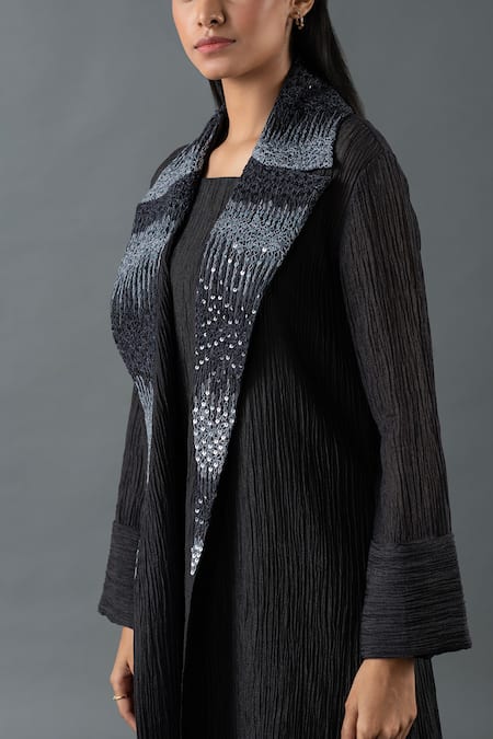 Buy Oja Black Cotton Sequins Collared, Round Placement Embroidered Jacket And Dress Set Online at Aza Fashions Buy_Oja_Black Cotton Sequins Collared, Round Placement Embroidered Jacket And Dress Set _Online_at_Aza_Fashions