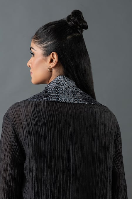 Shop Oja Black Cotton Sequins Collared, Round Placement Embroidered Jacket And Dress Set Online at Aza Fashions Shop_Oja_Black Cotton Sequins Collared, Round Placement Embroidered Jacket And Dress Set _Online_at_Aza_Fashions