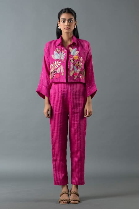 Oja Floral Embroidered Sequined Cropped Jacket Pant Set 