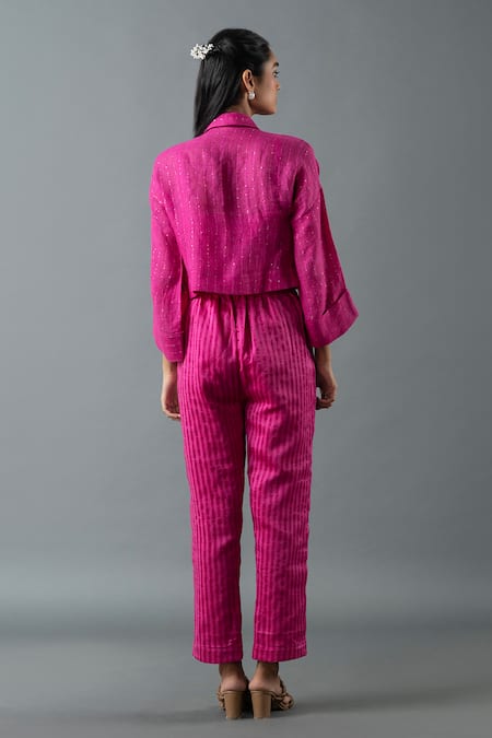 Shop Oja Magenta Linen Sequins, Beads Open Floral Embroidered Cropped Jacket Pant Set at Aza Fashions Shop_Oja_Magenta Linen Sequins, Beads Open Floral Embroidered Cropped Jacket Pant Set _at_Aza_Fashions