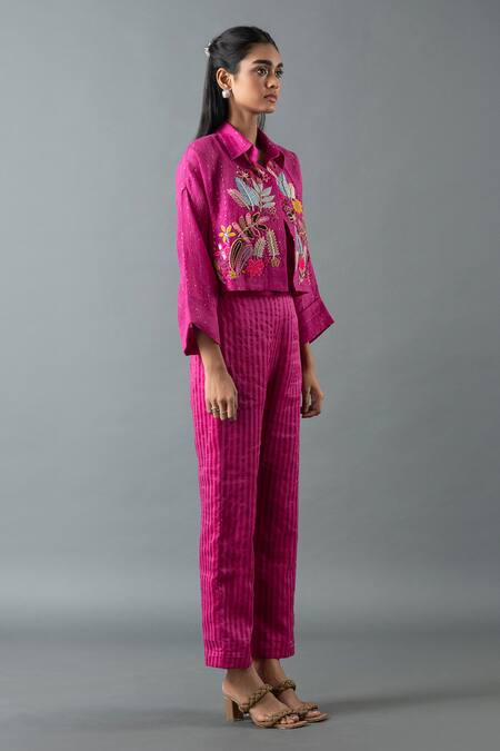 Oja Magenta Linen Sequins, Beads Open Floral Embroidered Cropped Jacket Pant Set Online at Aza Fashions Oja_Magenta Linen Sequins, Beads Open Floral Embroidered Cropped Jacket Pant Set _Online_at_Aza_Fashions