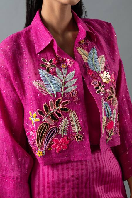 Buy Oja Magenta Linen Sequins, Beads Open Floral Embroidered Cropped Jacket Pant Set Online at Aza Fashions Buy_Oja_Magenta Linen Sequins, Beads Open Floral Embroidered Cropped Jacket Pant Set _Online_at_Aza_Fashions