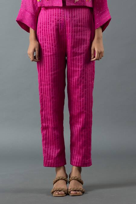 Shop Oja Magenta Linen Sequins, Beads Open Floral Embroidered Cropped Jacket Pant Set Online at Aza Fashions Shop_Oja_Magenta Linen Sequins, Beads Open Floral Embroidered Cropped Jacket Pant Set _Online_at_Aza_Fashions