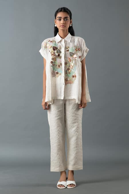 Oja Floral Embroidered Sequined Shirt & Pant Set 