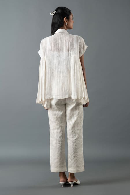 Shop_Oja_Ivory Linen Beads, Sequins Shawl Neck Floral Embroidered Shirt And Pant Set _at_Aza_Fashions