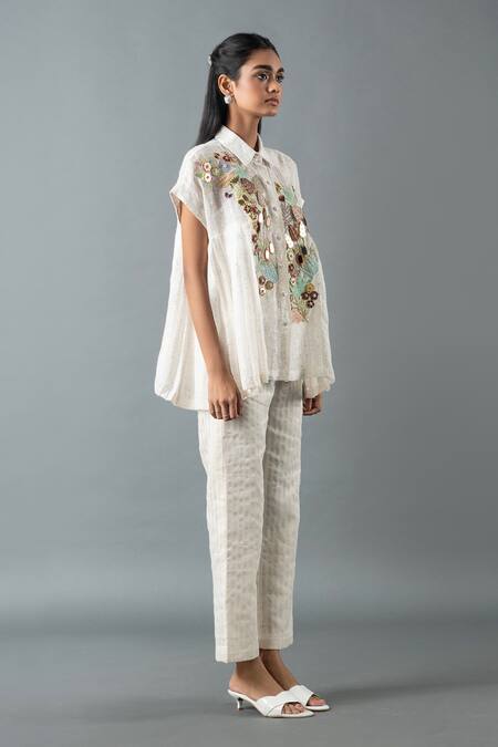 Oja_Ivory Linen Beads, Sequins Shawl Neck Floral Embroidered Shirt And Pant Set _Online_at_Aza_Fashions