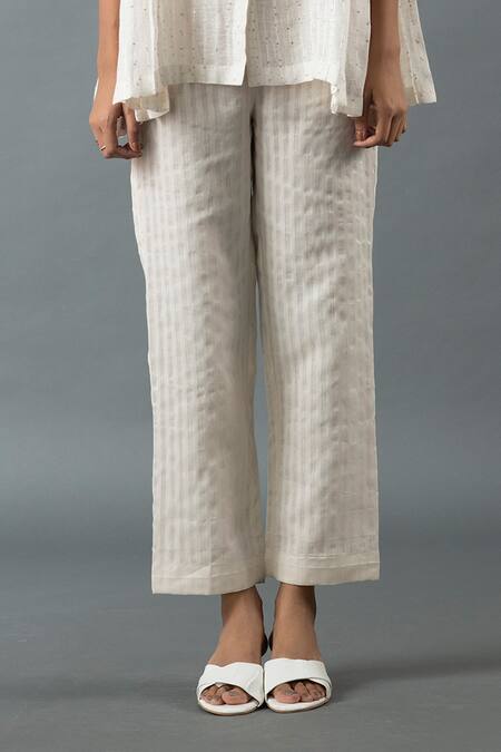 Buy_Oja_Ivory Linen Beads, Sequins Shawl Neck Floral Embroidered Shirt And Pant Set _Online_at_Aza_Fashions