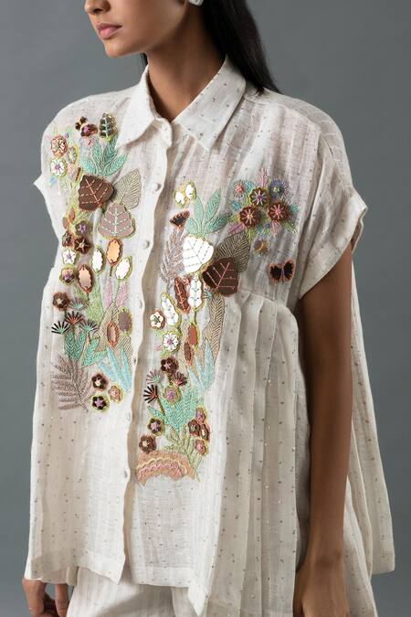 Shop_Oja_Ivory Linen Beads, Sequins Shawl Neck Floral Embroidered Shirt And Pant Set _Online_at_Aza_Fashions