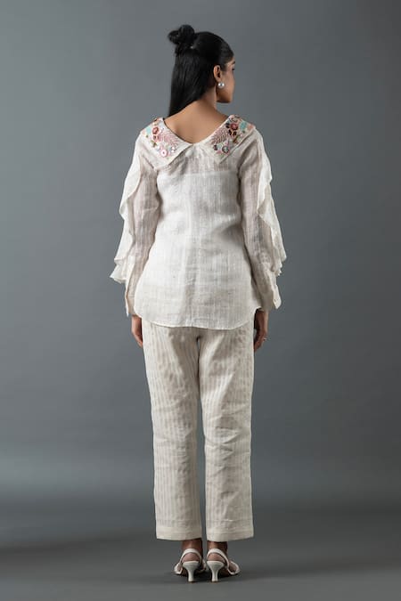 Shop_Oja_Ivory Linen Beads, Sequins Collared Blossom Embroidered Shirt With Pant _at_Aza_Fashions