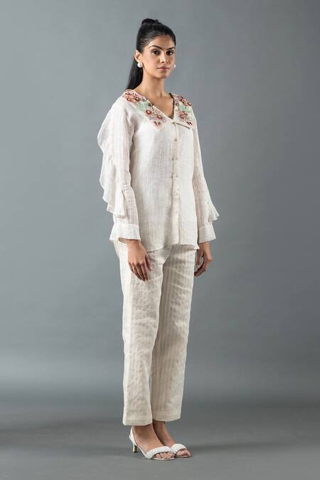 Oja_Ivory Linen Beads, Sequins Collared Blossom Embroidered Shirt With Pant _Online_at_Aza_Fashions