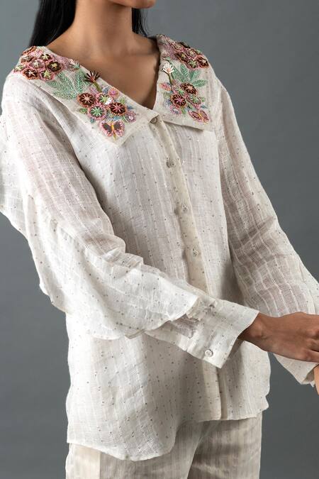 Buy_Oja_Ivory Linen Beads, Sequins Collared Blossom Embroidered Shirt With Pant _Online_at_Aza_Fashions