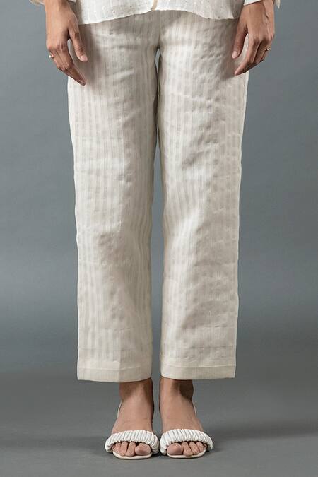 Shop_Oja_Ivory Linen Beads, Sequins Collared Blossom Embroidered Shirt With Pant _Online_at_Aza_Fashions