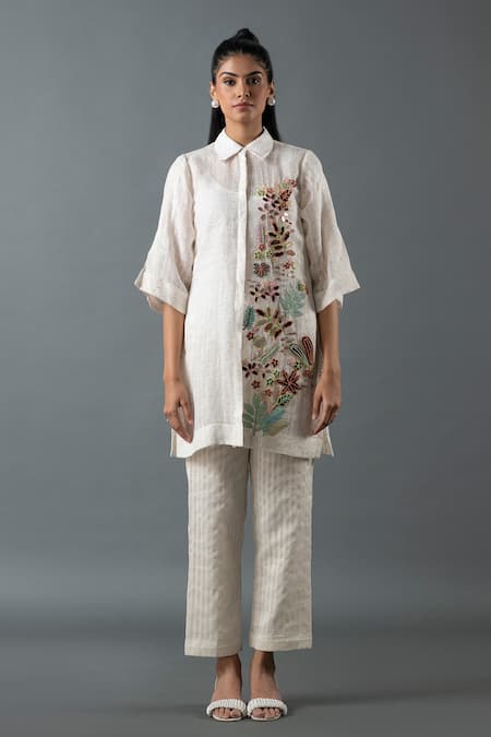 Oja Blossom Bead Embroidered Shirt Tunic With Pant 