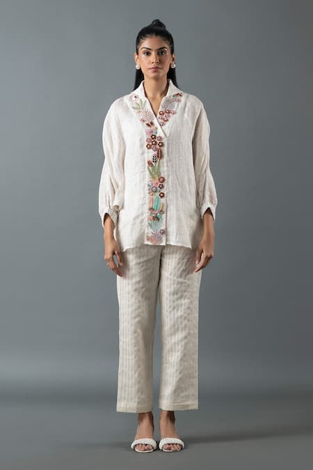 Oja Floral Bead Embroidered Shirt With Pant 