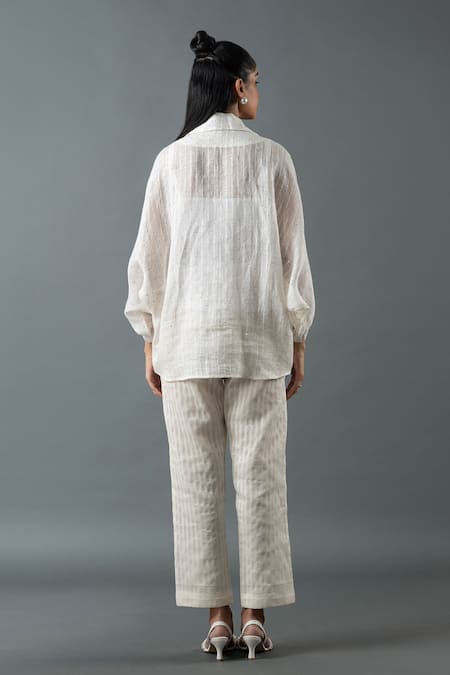 Shop Oja Ivory Linen Beads, Sequins Shawl Neck Floral Embroidered Shirt With Pant at Aza Fashions Shop_Oja_Ivory Linen Beads, Sequins Shawl Neck Floral Embroidered Shirt With Pant _at_Aza_Fashions