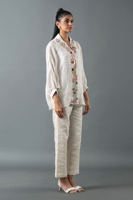 Oja Ivory Linen Beads, Sequins Shawl Neck Floral Embroidered Shirt With Pant Online at Aza Fashions Oja_Ivory Linen Beads, Sequins Shawl Neck Floral Embroidered Shirt With Pant _Online_at_Aza_Fashions