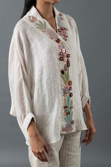 Buy Oja Ivory Linen Beads, Sequins Shawl Neck Floral Embroidered Shirt With Pant Online at Aza Fashions Buy_Oja_Ivory Linen Beads, Sequins Shawl Neck Floral Embroidered Shirt With Pant _Online_at_Aza_Fashions