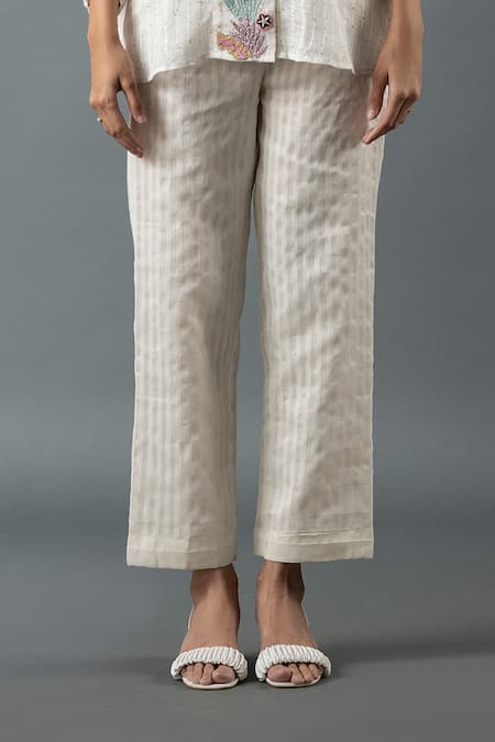 Shop Oja Ivory Linen Beads, Sequins Shawl Neck Floral Embroidered Shirt With Pant Online at Aza Fashions Shop_Oja_Ivory Linen Beads, Sequins Shawl Neck Floral Embroidered Shirt With Pant _Online_at_Aza_Fashions