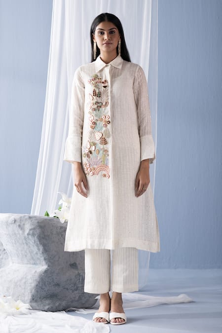 Oja Bead Embroidered Floral Shirt Tunic With Pant 