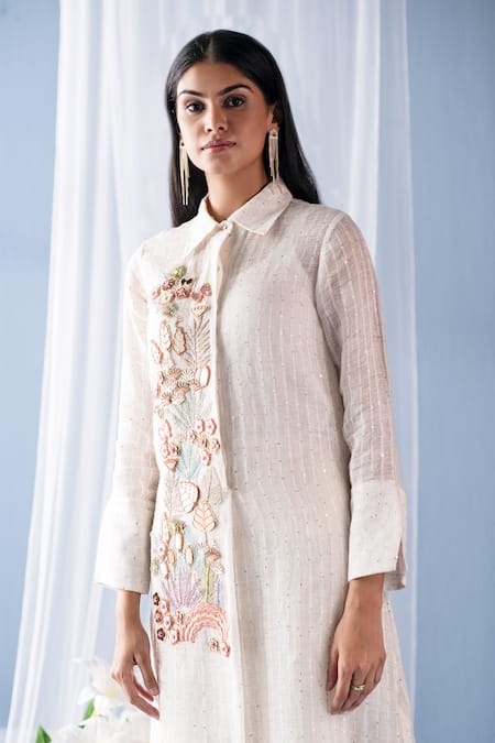 Oja Ivory Linen Sequins Shawl Neck Bead Embroidered Floral Shirt Tunic With Pant Online at Aza Fashions Oja_Ivory Linen Sequins Shawl Neck Bead Embroidered Floral Shirt Tunic With Pant _Online_at_Aza_Fashions