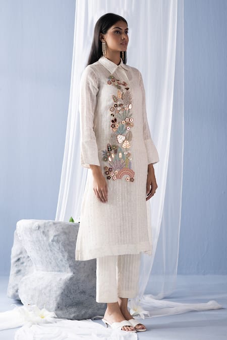 Shop Oja Ivory Linen Sequins Shawl Neck Bead Embroidered Floral Shirt Tunic With Pant Online at Aza Fashions Shop_Oja_Ivory Linen Sequins Shawl Neck Bead Embroidered Floral Shirt Tunic With Pant _Online_at_Aza_Fashions