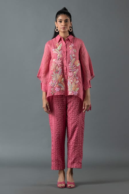 Oja Floral Embroidered High-Low Shirt With Pant 